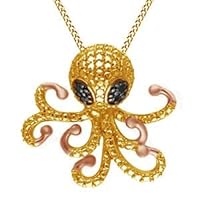 Round Diamond Accent Beaded Octopus Pendant Necklace 14K Yellow Gold Plated