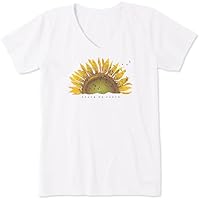 Life is Good Women's Sunflower Dew Peace on Earth Short Sleeve Crusher Vee (X-Large, Cloud White)