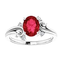 Vintage Floral 1.5 CT Oval Genuine Ruby Engagement Ring 14K White Gold, Filigree Oval Red Ruby Ring, Art Nouveau Genuine Ruby Ring July Birthstone
