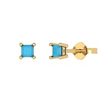 0.50 ct Princess Cut Solitaire Simulated Turquoise Pair of Stud Everyday Earrings Solid 18K Yellow Gold Butterfly Push Back