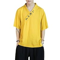 Japanese T-Shirt Men's V-Neck Summer Linen Text Embroidered Shirt Casual Loose Harajuku Short-Sleeved Tops