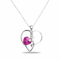 Lab-Created Sapphire OR Ruby OR Emerald OR Opal Gemstone Birthstone Double Heart Diamond Accent Necklace Pendant Charm 10k Yellow or White Gold 925 Sterling Sliver 18” Chain (Choose your Birthstone)