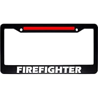 Support Firefighter Text Thin Red Line Black USA Car Auto License Plate Frame Holder
