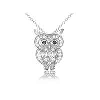 925 Sterling Silver Finish Black & White Sapphire Pave Owl Design Pendant Cable Chain Necklaces