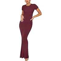 Womens Y2k Short Sleeve Lounge Long Dress Elegant Slim fit Crew Neck Bodycon Maxi Dress Streetwear