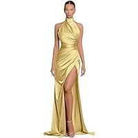 Halterneck Satin Prom Dress Long Mermaid Bridesmaid Dresses for Women Formal Party Evening Gown with Slit