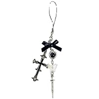 Phone Charm Strap Keychain Kawaii-Cute Keychain Lanyard String Black Cross-Bow Beaded Chain Lanyard Y2K