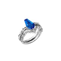 Unique Vine 4.5 CT Leaf Style Blue Sapphire Engagement Ring Set Coffin Shaped Blue Sapphire Wedding Ring Set Art Deco Filigree Wedding Band