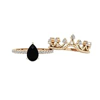 2 Pcs Pear Shaped 1.00 CT Black Onyx Engagement Ring Black Stone Bridal Ring White Gold Black Onyx Wedding Ring Sets Black Stone Silver Vintage Ring