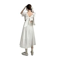Lolita Gothic Dress Puff Sleeve Dress Summer Women's Backless Mid Length A-Line Skirt (Color : White, Size : Medium)