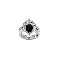 Black Onyx 1.00 CT Bridal Ring Set 925 Sterling Silver, Pear Shaped Black Stone Engagement Ring with Curved Wedding Band, Anniversary Rings for Wife