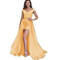Sequin Jumpsuit Short Prom Dresses with Detachable Train Off The Shoulder Homecoming Party Gown