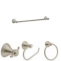 Bundle of Moen Preston Collection Brushed Nickel 24-Inch Bathroom Single Towel Bar, DN8424BN + Double Robe Hook, DN8403BN + Single Post Toilet Paper Holder, DN8408BN, and 7-inch Towel Ring, DN8486BN