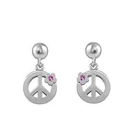 Girl's Sterling Silver Pink Sapphire Flower Dangling Peace Sign Earrings