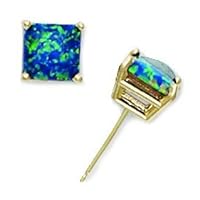 14k Gold Green Square Simulated Opal Earrings Jewelry for Women in Yellow Gold and 4x4mm 5x5mm 6x6mm 7x7mm