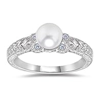 0.04 Cts Diamond & 6 mm White Pearl Antique Ring in 14K White Gold