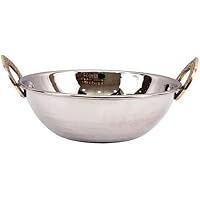 Stainless Steel Hammered Kadhai Pan For Cooking And Serving, 7 inch, (With Brass Handles) (Stainless Steel Kadhai 7 inch, Pack of 2)