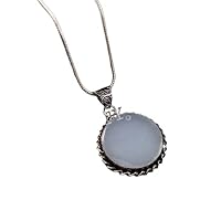 925 Sterling Silver Natural Round Blue Chalcedony gemstone pendant Gift