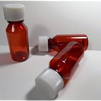 Commercial case of 200 beautiful extremely sturdy clear amber-colored round graduated 1 ounce medicine bottles complete with press-down child-resistant caps