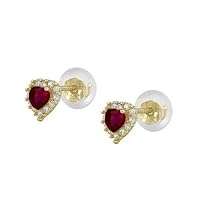 Little Girls 14K Yellow Gold Simulated Birthstone Silicone Back Heart Shaped Earrings