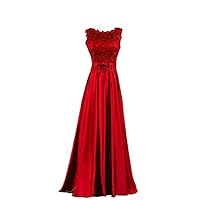 Women's Scoop Neck Lace Applique Satin Evening Dresses Sleeveless Floor Length Bridesmaid Dress Red