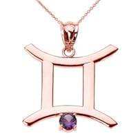 Rose Gold Gemini Zodiac Sign June Birthstone Pendant Necklace - Gold Purity:: 10K, Pendant/Necklace Option: Pendant With 18