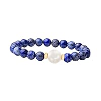 Cultured Cream Pearl Gold Lapis Lazuli Beaded Stretch Bracelet 7.5-9” CHIK-BRACE-84635
