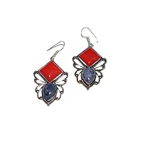 Red And Blue Opal Stone Silver Plated Brass Metal Earring For Womens And Girls