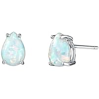 1 Cttw Pear Shape Simulated White Opal Prong Setting Stud Earrings With Push Back 14K White Plated 925 Sterling Silver