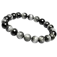Hand_Crafted Unisex gem chrysoberyl cat's eye 8mm round smooth beads stretchable 7 inch bracelet for men,women-Healing, Meditation,Prosperity,Good Luck Bracelet YO-STRD-12341