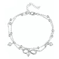 US Women Double Ankle Bracelet 925 Silver Anklet Foot Jewelry Girl's Beach Chain (Silver)