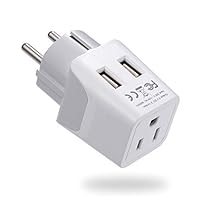 Ceptics Schuko Korea France Paris Travel Adapter Plug - with 2 USB + Usa Socket Input - Type E/F - Ultra Compact - Safe Grounded Perfect for Cell Phones, Laptops, Camera Chargers (CTU-9-A)