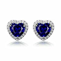 4Ct Heart Cut Blue Sapphire Push Back Halo Stud Earrings 14K White Gold Plated