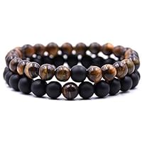 2 Pcs Adults Unisex Natural Stone Bracelet Fashion 8mm Lava Rock Chakra Beads Elastic Frosted Agate String Gift D, 7-7.5Inch Attractive