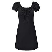 American Retro Chest Hollowed Out lace-up Bubble Sleeves Black Dress Female Summer Square Collar Wooden Ear Edge Waist Skirt