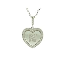 925 Sterling Silver Finish White Sapphire Micro Pave Initial N Heart Charm Pendant