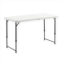 4 Foot Height Adjustable Fold-in-Half Table with Carrying Handle, Easy Folding and Storage, Indoor Outdoor Use, White, 4ft_Straight Legs