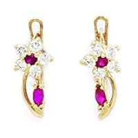 14k Yellow Gold July Red CZ Small Flower and Leaf Leverback Earrings Measures 13x5mm Jewelry for Women