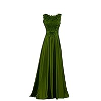 Women's Scoop Neck Lace Applique Satin Evening Dresses Sleeveless Floor Length Bridesmaid Dress Army Green
