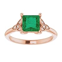Trendy 1.5 CT Princess Cut Emerald Engagement Ring 10K Rose Gold, Genuine Emerald Diamond Pave Band, Natural Green Emerald Ring, Emerald Edwardian Ring, Wedding Rings