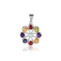 Round Pendant - 925 Sterling Silver with 9 Natural Round Brilliant Cut Gemstones - Halmarked 925 - Certificate of Authenticity Included