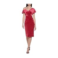 GUESS Womens Red Stretch Cold Shoulder Zippered Pleated Slitted Short Sleeve Surplice Neckline Below The Knee Formal Sheath Dress 2