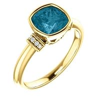 14k Yellow Gold Garnet Cushion 7x7mm London Blue Topaz .04 Dwt Diamond Ring Size 6.5 Jewelry Gifts for Women