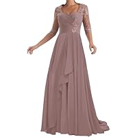 A-Line Mother of Groom Dresses for Women 2024 Classy Long Mother of The Bride Dresses for Wedding Chiffon Lace Applique Womens Dresses for Wedding Guest Evening Gowns Lacing Back Dusty Rose