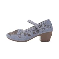 Vintage Chinese Style Women Block Heel Canvas Shoes Ladies Casual Costume Pumps Cotton Embroidered Comfortable