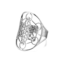 Metatron Cube Ring for Men Women Magic Men's Archangel Adjustable Finger Rings Signet Ring Band Stainless Steel Sacred Geometry Hexagram Protection Amulet Ring Statement Band (Sliver)