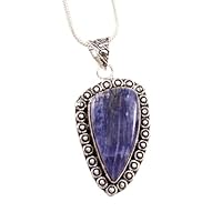 925 Sterling Silver Natural Blue Sodalite Gemstone Pendant With Chain Jewelry