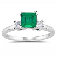 0.20 Cts Diamond & 0.30 Cts of 4 mm AAA Square Step Cut Natural Emerald Three Stone Ring in 18K White Gold