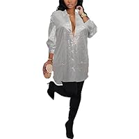 Women Sequin Shirts Dress Plus Size Shiny Long Sleeve Button Down Cocktail Party Dresses