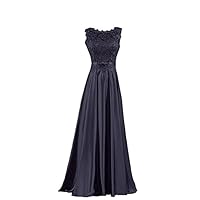 Women's Scoop Neck Lace Applique Satin Evening Dresses Sleeveless Floor Length Bridesmaid Dress Dark Purple